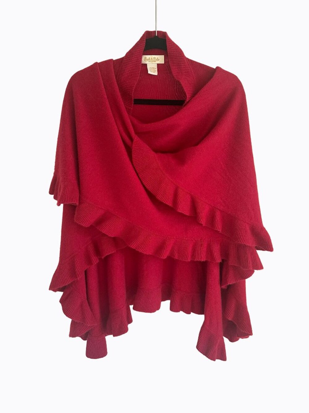 Peck & Peck Red Wool Cashmere Ruffle Cardigan Sweater Shawl Wrap OS Open Front